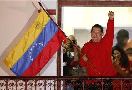 Hugo Chávez greets supporters in celebration after winning reelection