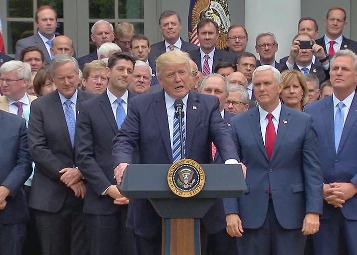 Trump and Republican Party leaders celebrate the House passage of a health care repeal law