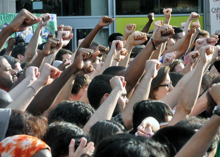 Marching in protest after the acquittal of Trayvon Martin's killer