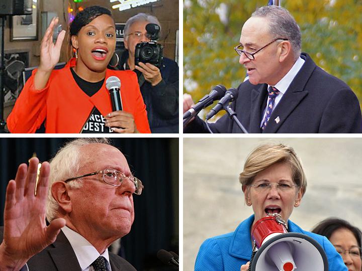 Clockwise from top left: Summer Lee, Chuck Schumer, Elizabeth Warren and Bernie Sanders