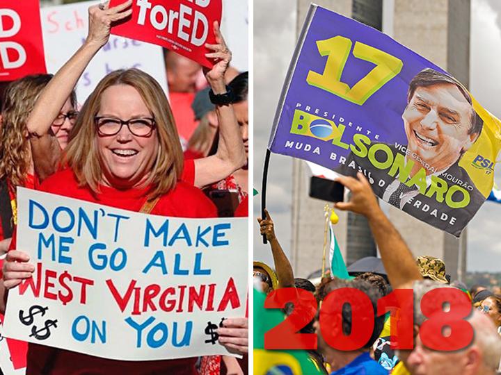 SW’s year-end review, left to right: Arizona teachers on the march; a pro-Bolsonaro demonstration in Brazil