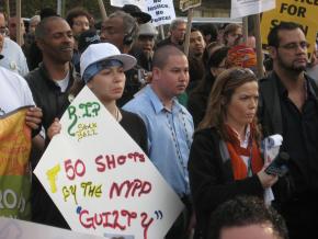 Following the "not guilty" verdict in Sean Bell's case, more than 200 people marched through Harlem in protest, April 26, 2008