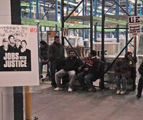 Workers inside the occupation of the Republic Windows & Doors factory