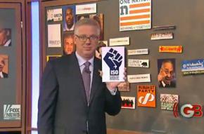 Glenn Beck details his conspiracy theories using the logo of the International Socialist Organization