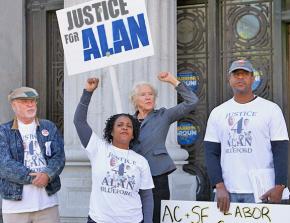 Alan Blueford's family and supporters rallying outside Oakland City Hall