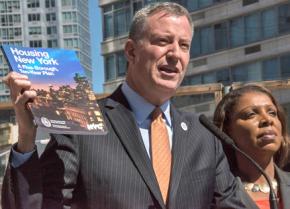 Bill de Blasio announces his affordable housing program at a press conference