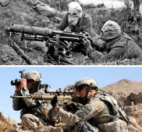 Soldiers in the First World War (above) and the U.S. war on Afghanistan (below)