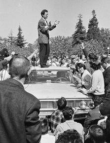 Mario Savio speaks to protesters at UC Berkeley as students blockade a police car