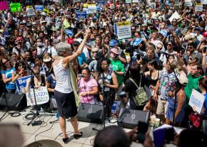 Jill Stein speaks to a crowd filled with many Bernie Sanders supporters outside the Democratic National Convention in Philadelphia