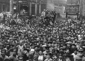 Workers gather for a mass meeting to elect delegates to the Petrograd Soviet during the Russian Revolution