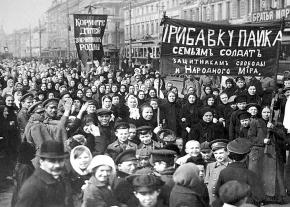 Workers in the streets of Petrograd to demand an end to the war during the February Revolution