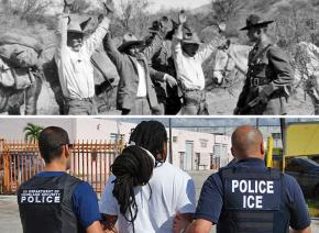 Above: Border Patrol agent arrests migrants in the 1930s; below: ICE detains another victim