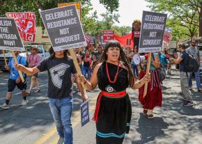 Indigenous activists lead a protest against anti-Native racism in Santa Fe, New Mexico