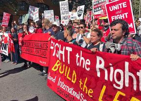 A socialist contingent hits the streets during Portland's march against the far right