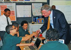 New York Mayor Bill de Blasio visits a Brooklyn high school