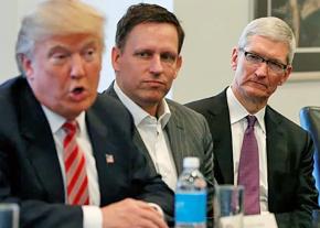 Apple CEO Tim Cook (right) and Palantir Chairman Peter Thiel (center) meet with Donald Trump