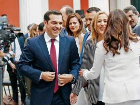 Greek Prime Minister Alexis Tsipras sports a necktie at the Zappeion