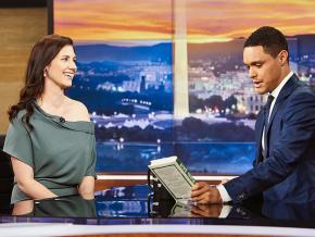 Author Annie Lowrey (left) discusses her book on The Daily Show with Trevor Noah