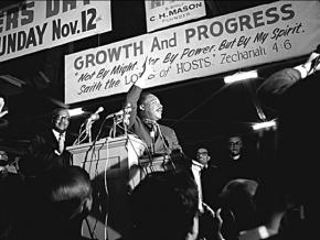 King speaks in support of the Memphis sanitation workers to an overflow crowd at the Mason Temple Church